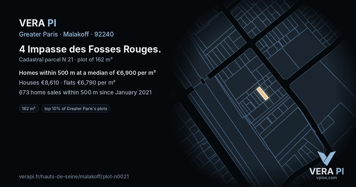4 Impasse des Fosses Rouges, Malakoff at night – the plot lit, the parcels around coloured by the prices near them