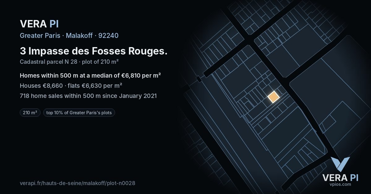 3 Impasse des Fosses Rouges, Malakoff at night – the plot lit, the parcels around coloured by the prices near them