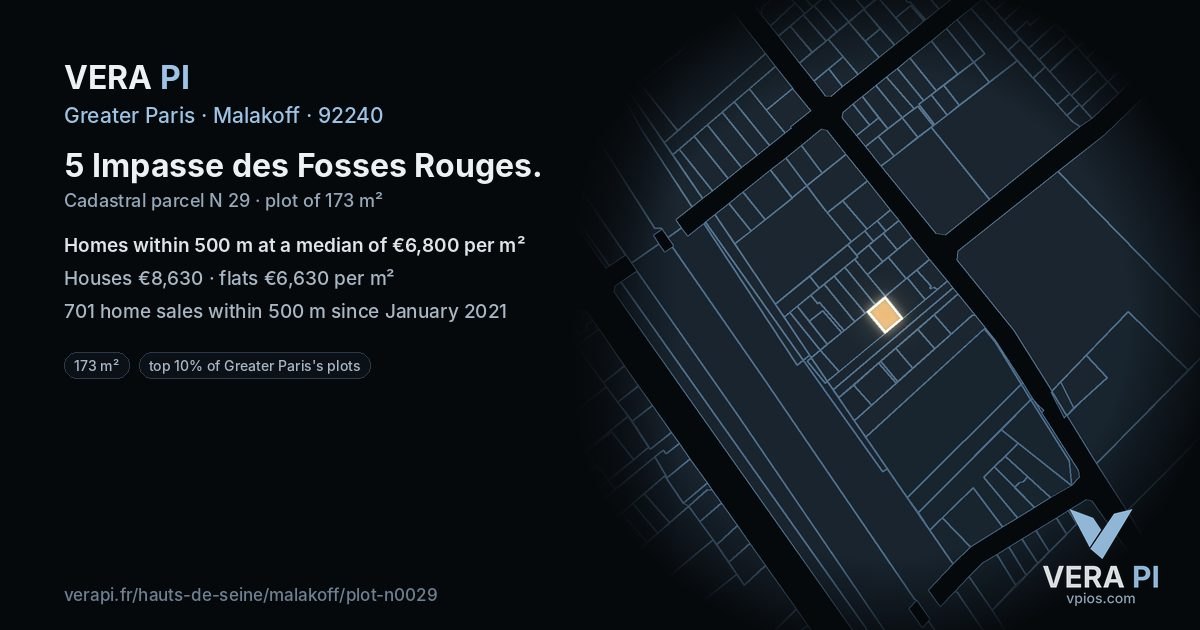 5 Impasse des Fosses Rouges, Malakoff at night – the plot lit, the parcels around coloured by the prices near them