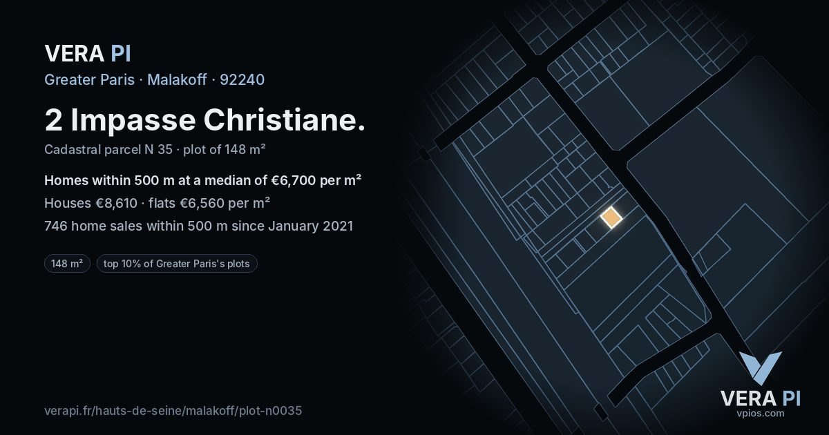2 Impasse Christiane, Malakoff at night – the plot lit, the parcels around coloured by the prices near them