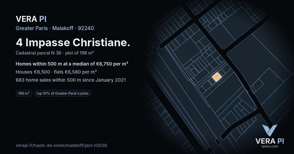 4 Impasse Christiane, Malakoff at night – the plot lit, the parcels around coloured by the prices near them