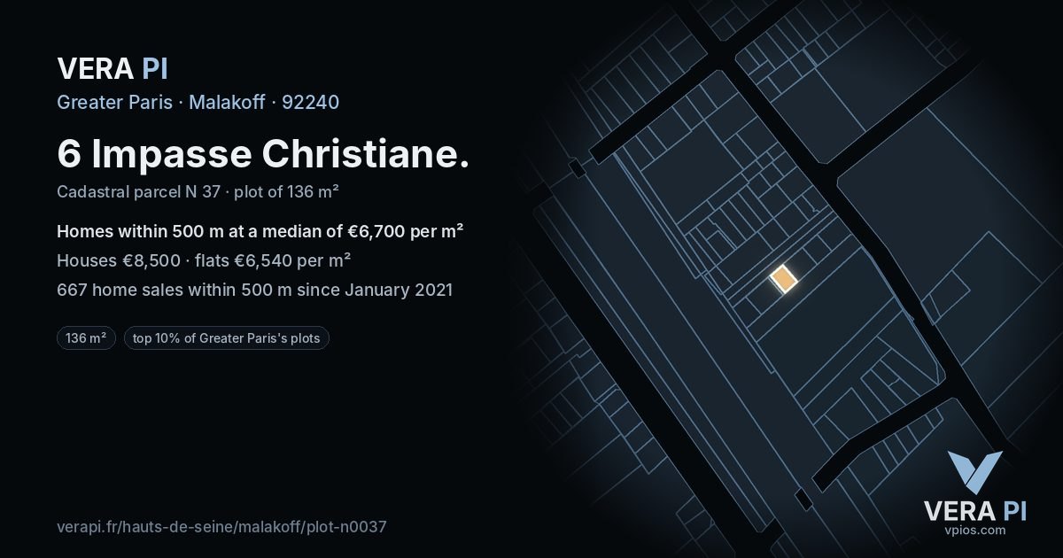6 Impasse Christiane, Malakoff at night – the plot lit, the parcels around coloured by the prices near them