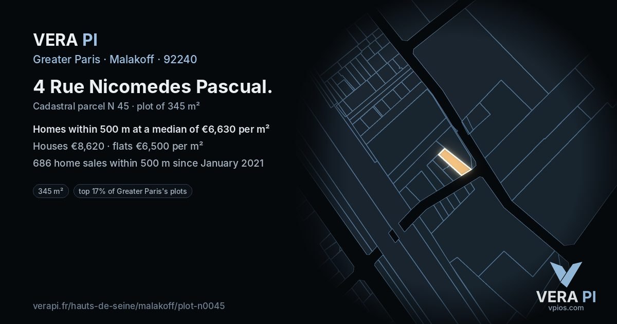 4 Rue Nicomedes Pascual, Malakoff at night – the plot lit, the parcels around coloured by the prices near them