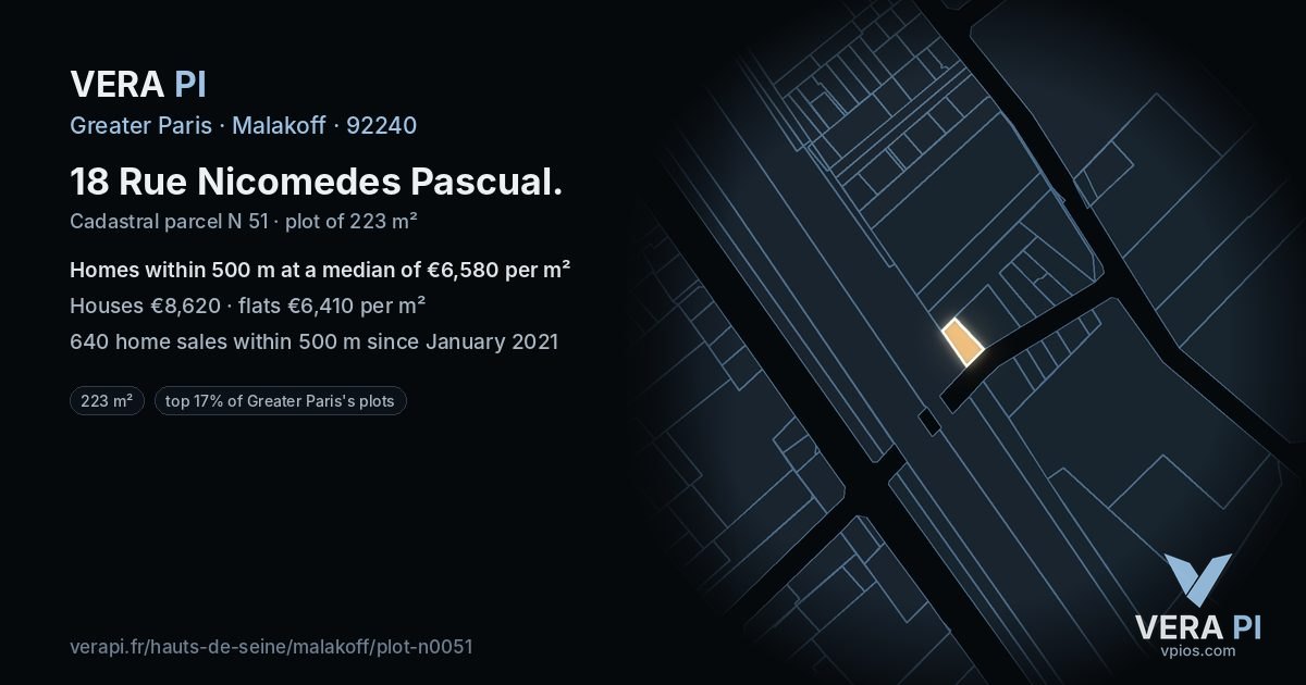 18 Rue Nicomedes Pascual, Malakoff at night – the plot lit, the parcels around coloured by the prices near them
