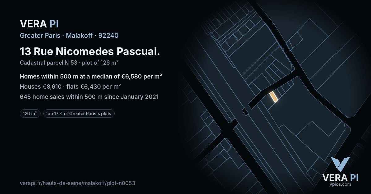 13 Rue Nicomedes Pascual, Malakoff at night – the plot lit, the parcels around coloured by the prices near them