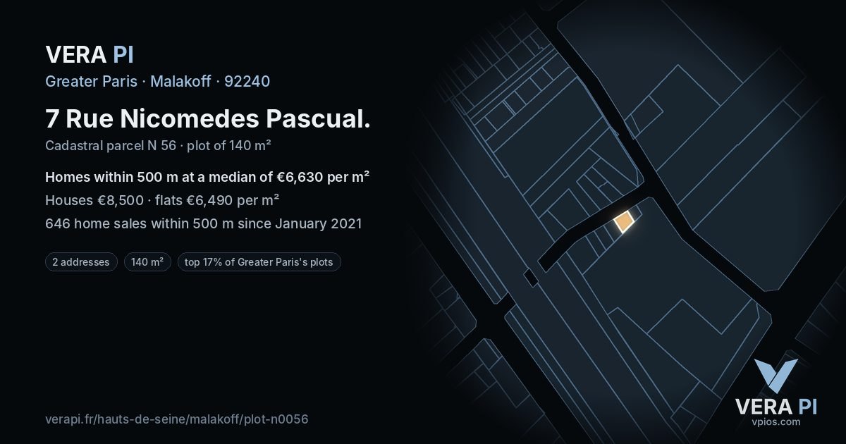 7 Rue Nicomedes Pascual, Malakoff at night – the plot lit, the parcels around coloured by the prices near them