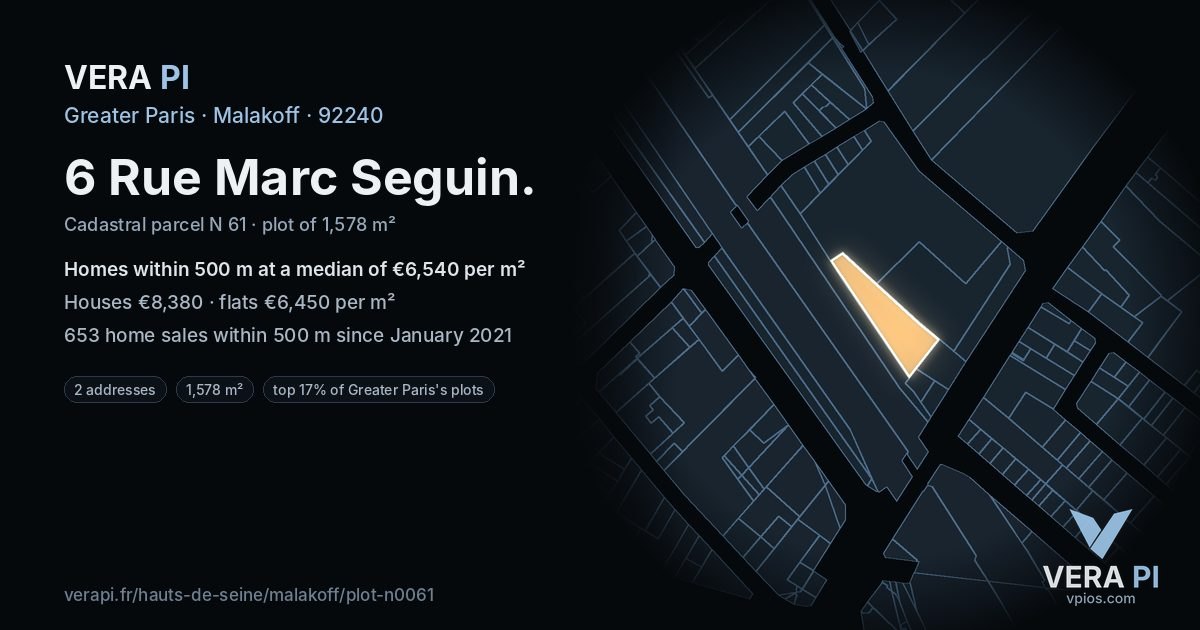 6 Rue Marc Seguin, Malakoff at night – the plot lit, the parcels around coloured by the prices near them