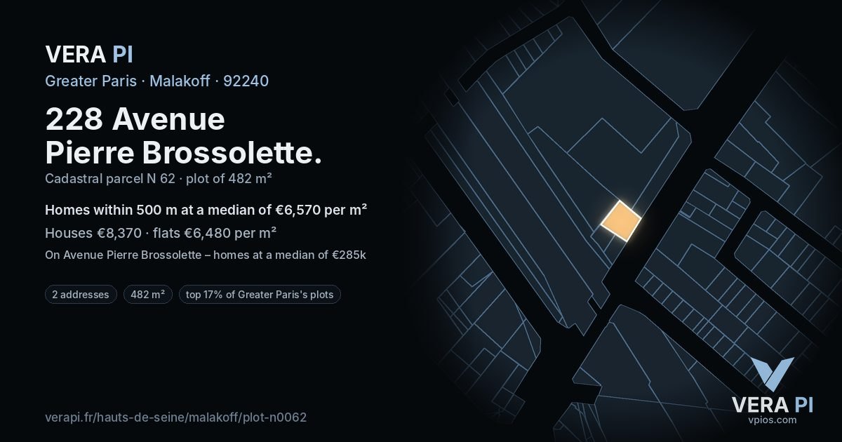 228 Avenue Pierre Brossolette, Malakoff at night – the plot lit, the parcels around coloured by the prices near them