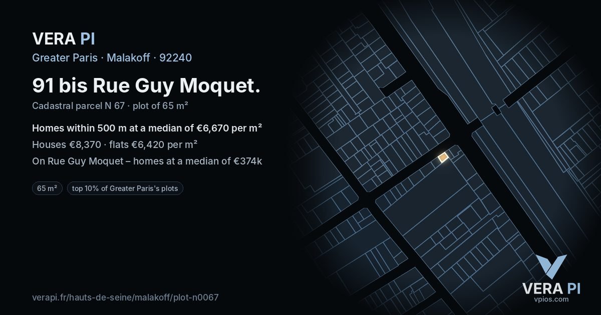 91 bis Rue Guy Moquet, Malakoff at night – the plot lit, the parcels around coloured by the prices near them