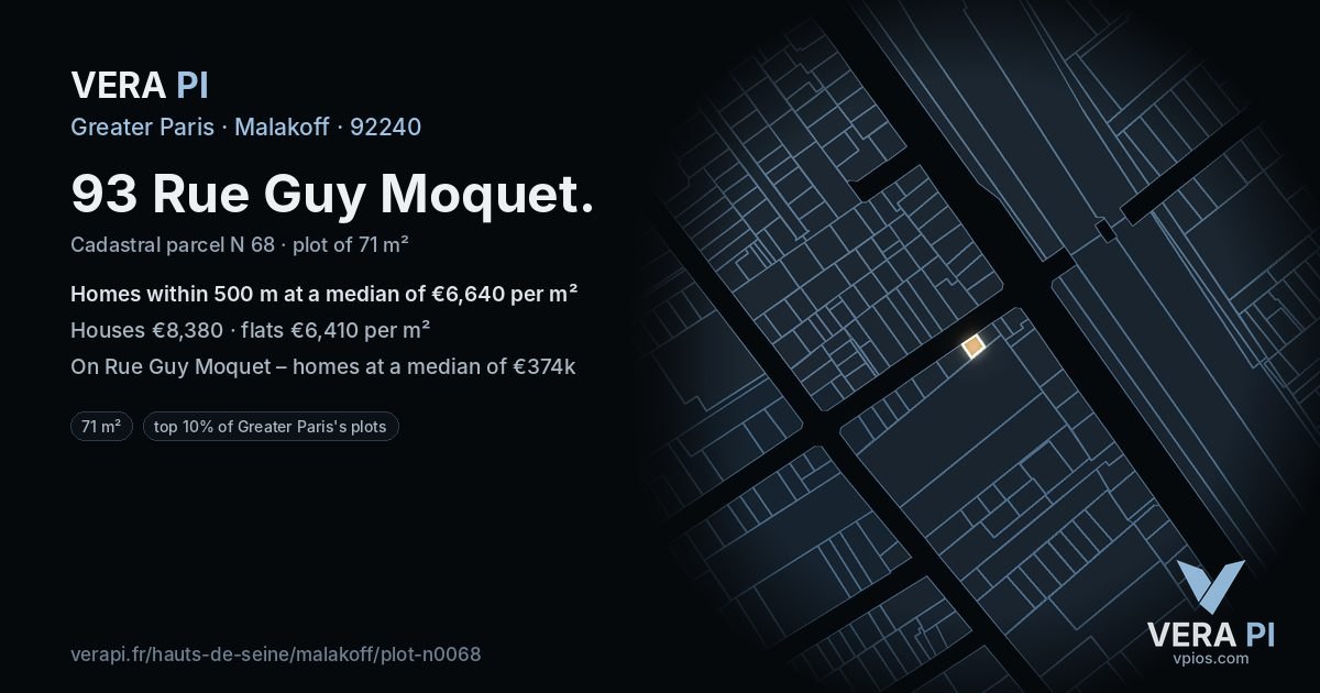 93 Rue Guy Moquet, Malakoff at night – the plot lit, the parcels around coloured by the prices near them