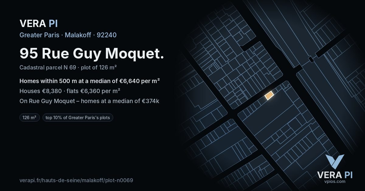 95 Rue Guy Moquet, Malakoff at night – the plot lit, the parcels around coloured by the prices near them
