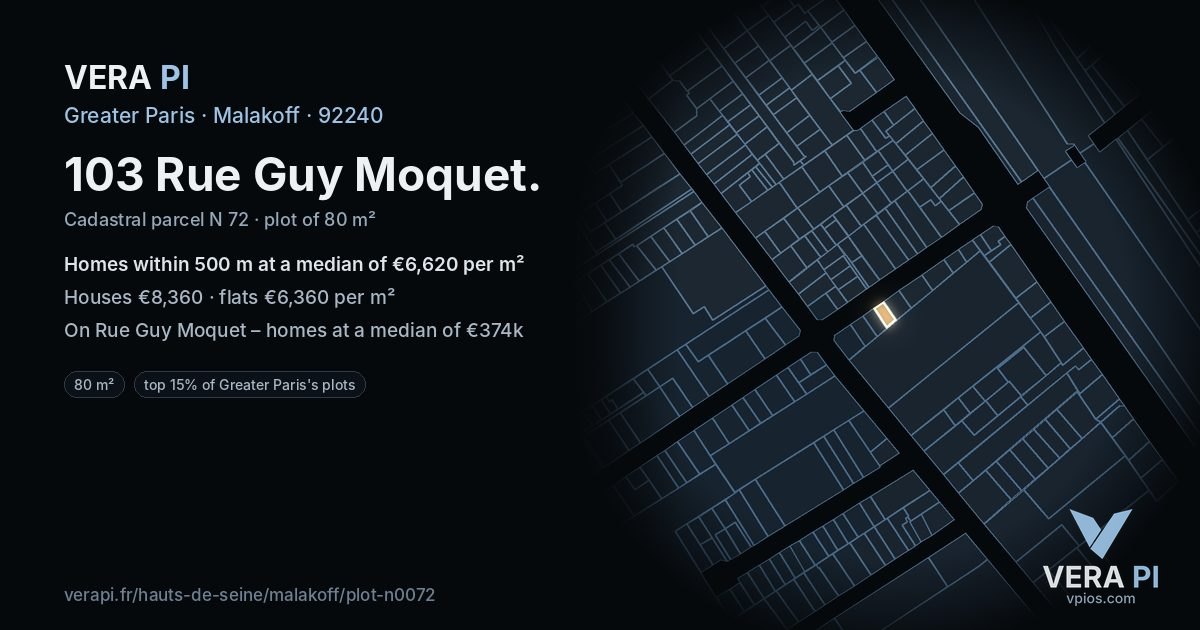 103 Rue Guy Moquet, Malakoff at night – the plot lit, the parcels around coloured by the prices near them
