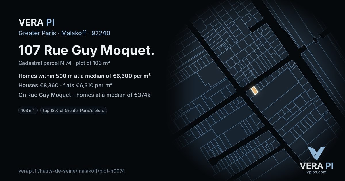 107 Rue Guy Moquet, Malakoff at night – the plot lit, the parcels around coloured by the prices near them