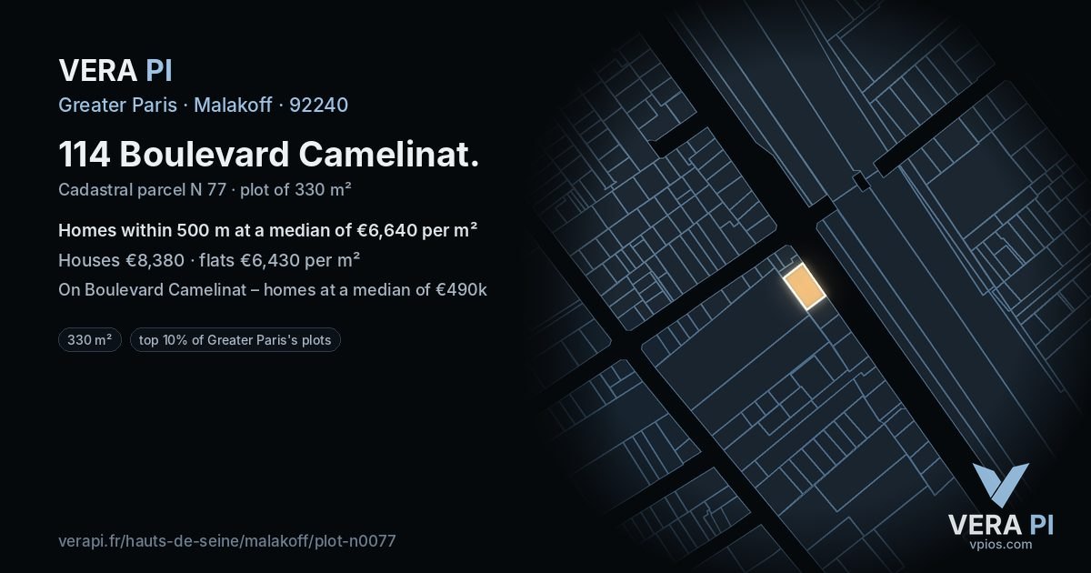 114 Boulevard Camelinat, Malakoff at night – the plot lit, the parcels around coloured by the prices near them