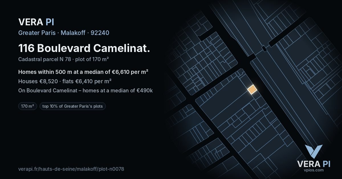 116 Boulevard Camelinat, Malakoff at night – the plot lit, the parcels around coloured by the prices near them