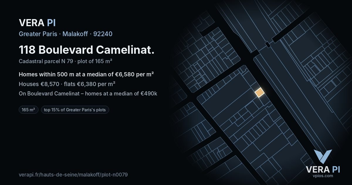 118 Boulevard Camelinat, Malakoff at night – the plot lit, the parcels around coloured by the prices near them