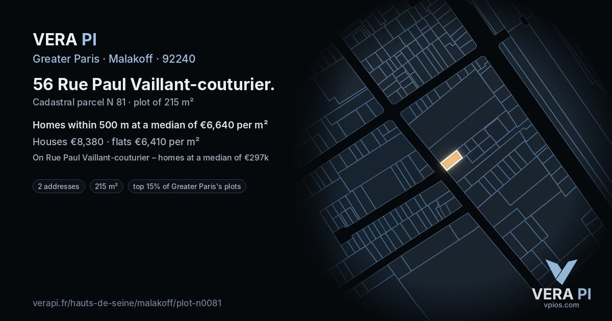 56 Rue Paul Vaillant-couturier, Malakoff at night – the plot lit, the parcels around coloured by the prices near them
