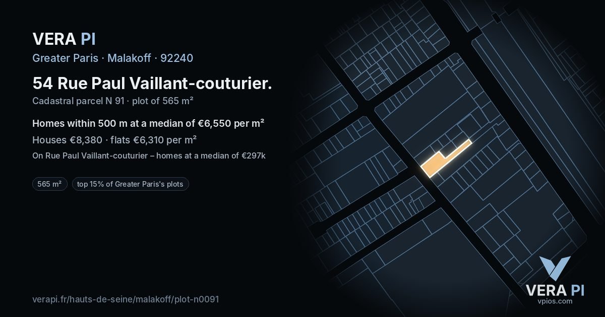 54 Rue Paul Vaillant-couturier, Malakoff at night – the plot lit, the parcels around coloured by the prices near them