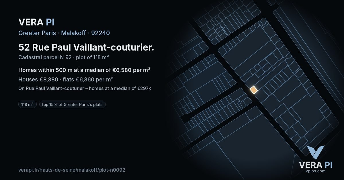 52 Rue Paul Vaillant-couturier, Malakoff at night – the plot lit, the parcels around coloured by the prices near them