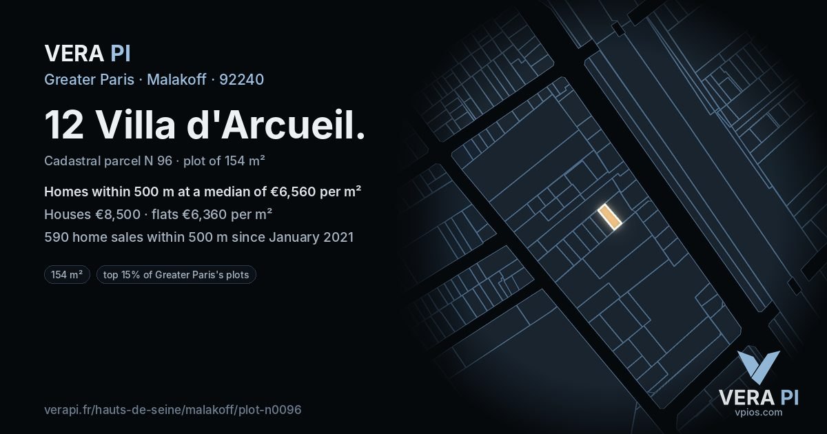 12 Villa d'Arcueil, Malakoff at night – the plot lit, the parcels around coloured by the prices near them