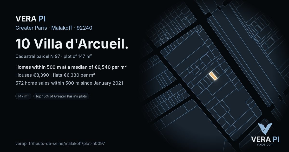 10 Villa d'Arcueil, Malakoff at night – the plot lit, the parcels around coloured by the prices near them