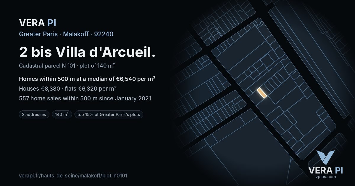 2 bis Villa d'Arcueil, Malakoff at night – the plot lit, the parcels around coloured by the prices near them