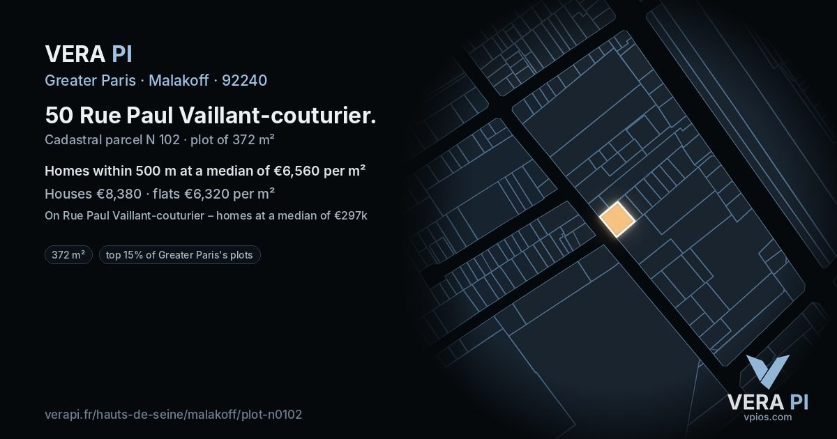 50 Rue Paul Vaillant-couturier, Malakoff at night – the plot lit, the parcels around coloured by the prices near them