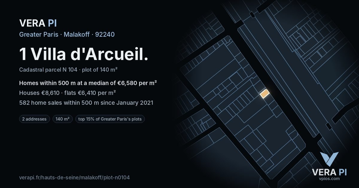 1 Villa d'Arcueil, Malakoff at night – the plot lit, the parcels around coloured by the prices near them