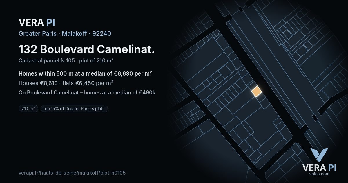 132 Boulevard Camelinat, Malakoff at night – the plot lit, the parcels around coloured by the prices near them