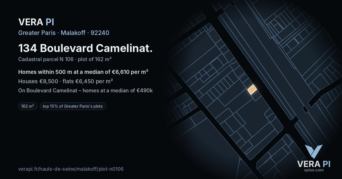 134 Boulevard Camelinat, Malakoff at night – the plot lit, the parcels around coloured by the prices near them