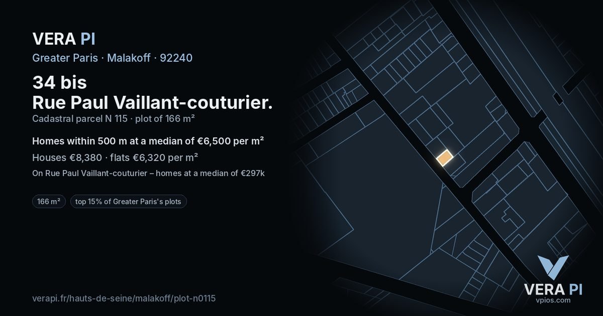 34 bis Rue Paul Vaillant-couturier, Malakoff at night – the plot lit, the parcels around coloured by the prices near them