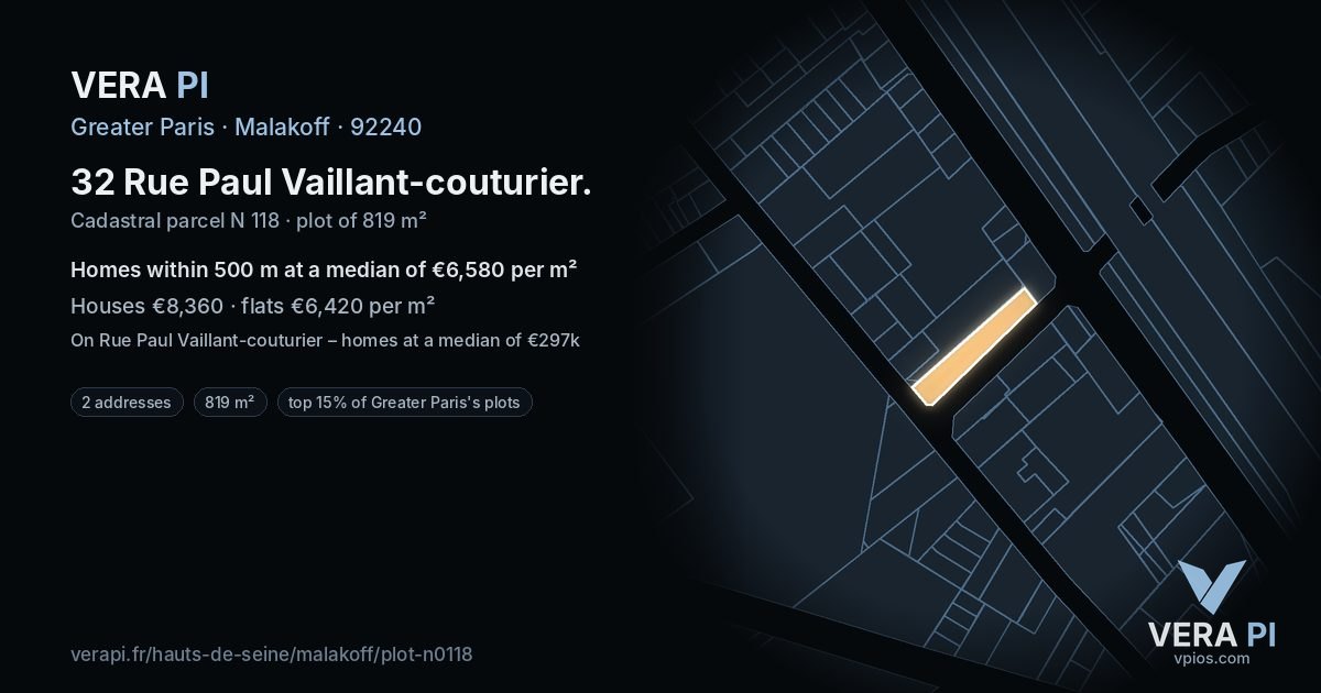 32 Rue Paul Vaillant-couturier, Malakoff at night – the plot lit, the parcels around coloured by the prices near them