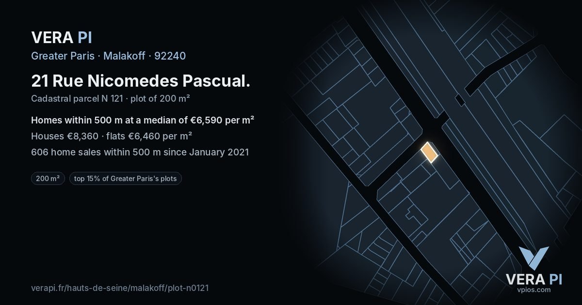 21 Rue Nicomedes Pascual, Malakoff at night – the plot lit, the parcels around coloured by the prices near them