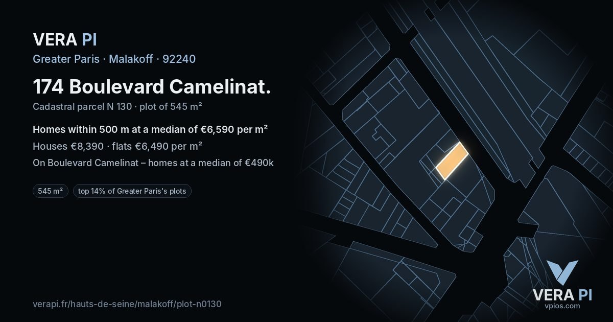 174 Boulevard Camelinat, Malakoff at night – the plot lit, the parcels around coloured by the prices near them