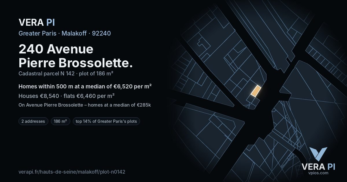 240 Avenue Pierre Brossolette, Malakoff at night – the plot lit, the parcels around coloured by the prices near them
