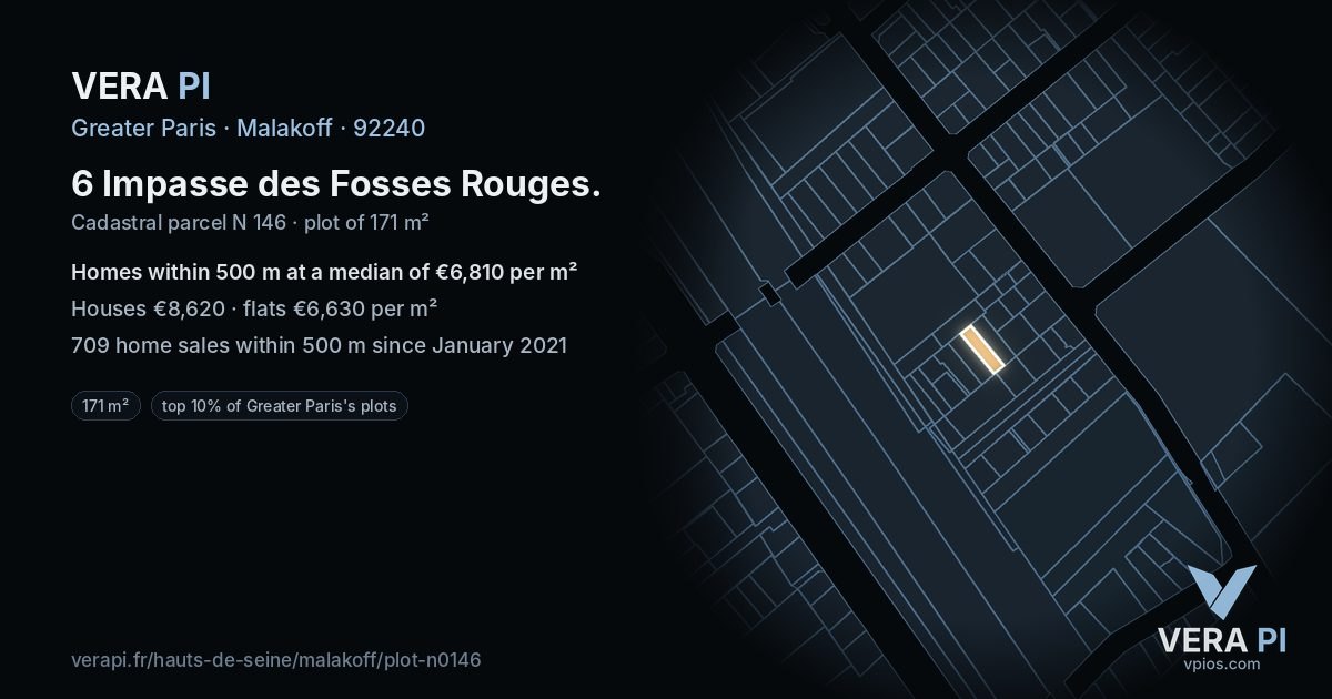 6 Impasse des Fosses Rouges, Malakoff at night – the plot lit, the parcels around coloured by the prices near them