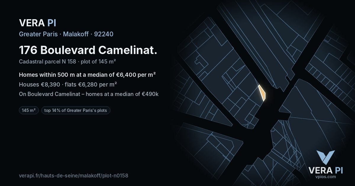 176 Boulevard Camelinat, Malakoff at night – the plot lit, the parcels around coloured by the prices near them