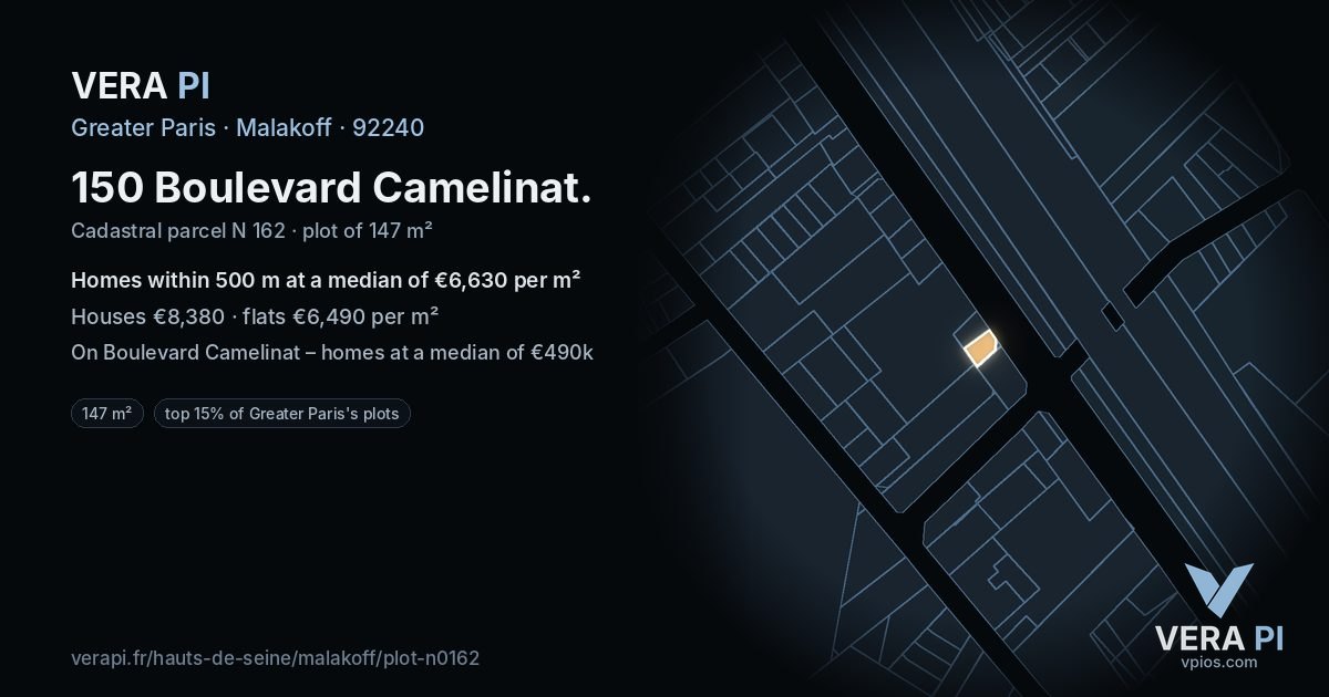 150 Boulevard Camelinat, Malakoff at night – the plot lit, the parcels around coloured by the prices near them
