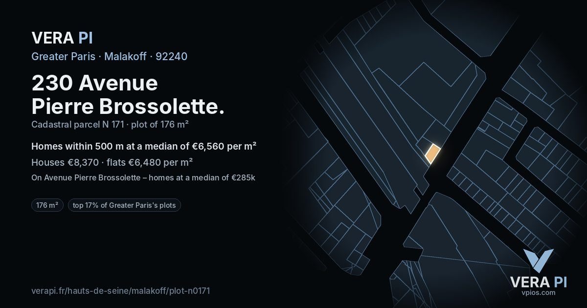 230 Avenue Pierre Brossolette, Malakoff at night – the plot lit, the parcels around coloured by the prices near them