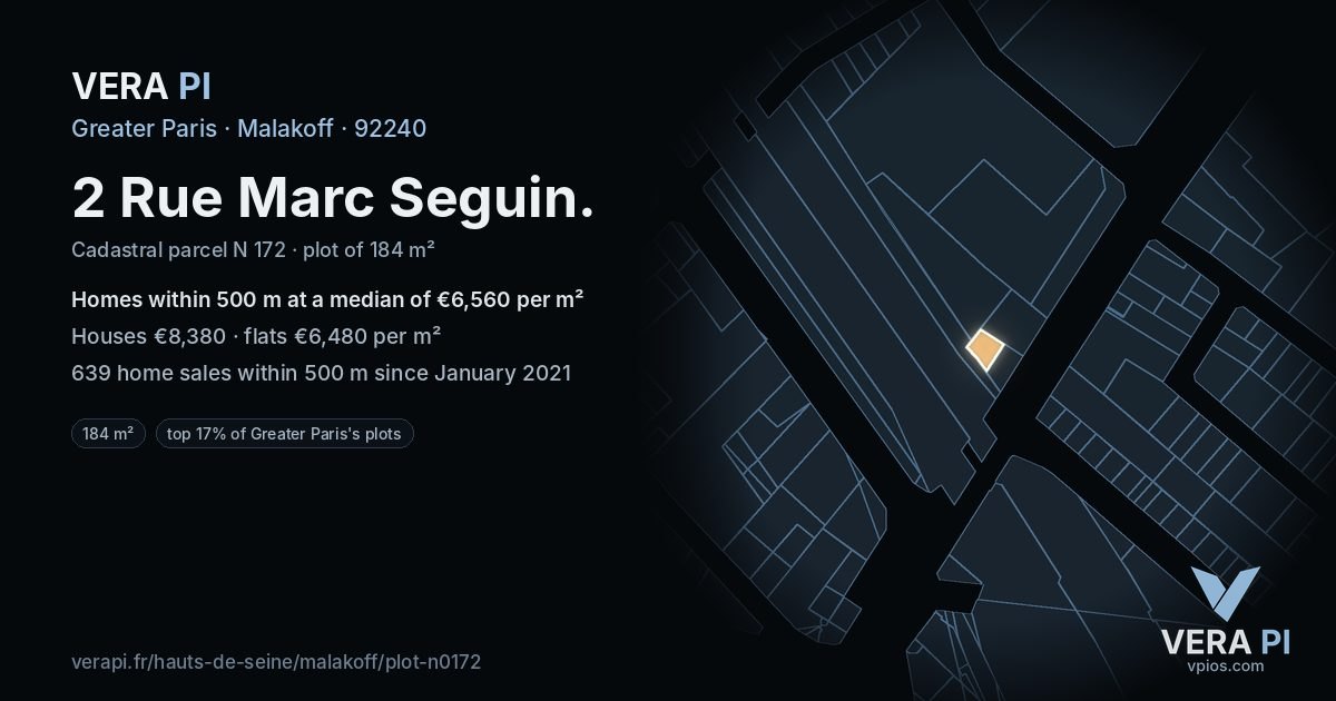 2 Rue Marc Seguin, Malakoff at night – the plot lit, the parcels around coloured by the prices near them