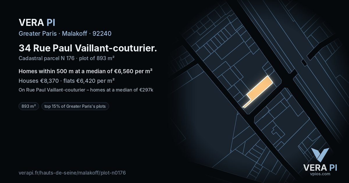 34 Rue Paul Vaillant-couturier, Malakoff at night – the plot lit, the parcels around coloured by the prices near them