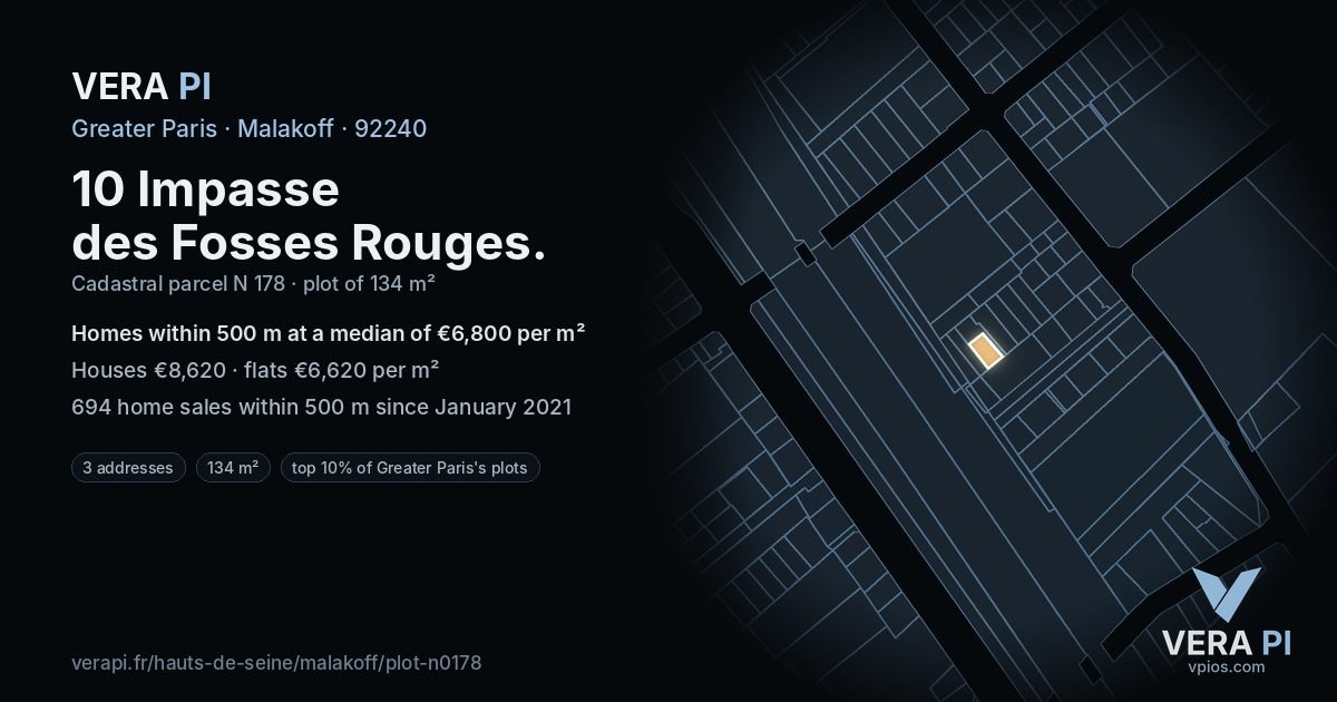 10 Impasse des Fosses Rouges, Malakoff at night – the plot lit, the parcels around coloured by the prices near them