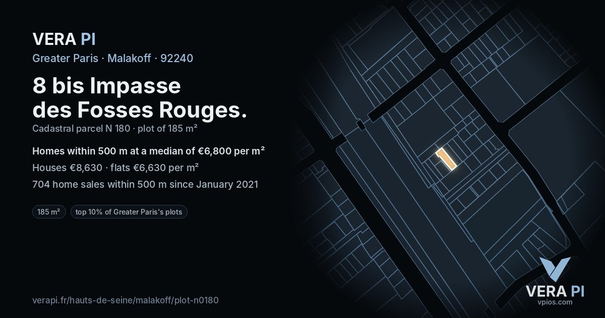 8 bis Impasse des Fosses Rouges, Malakoff at night – the plot lit, the parcels around coloured by the prices near them