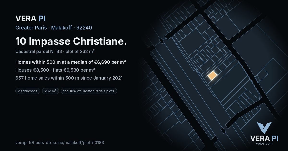 10 Impasse Christiane, Malakoff at night – the plot lit, the parcels around coloured by the prices near them