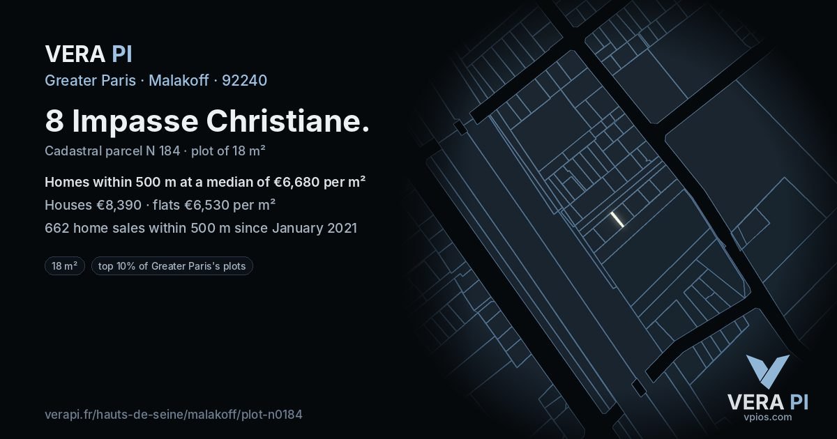 8 Impasse Christiane, Malakoff at night – the plot lit, the parcels around coloured by the prices near them