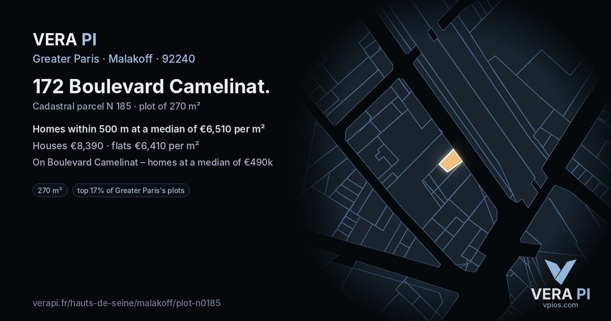 172 Boulevard Camelinat, Malakoff at night – the plot lit, the parcels around coloured by the prices near them