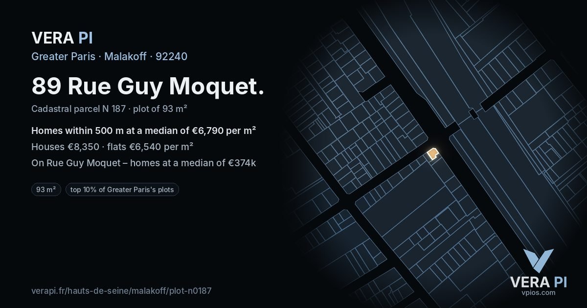 89 Rue Guy Moquet, Malakoff at night – the plot lit, the parcels around coloured by the prices near them