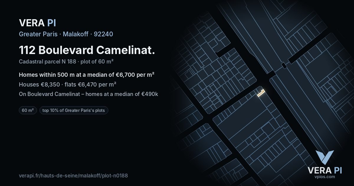 112 Boulevard Camelinat, Malakoff at night – the plot lit, the parcels around coloured by the prices near them
