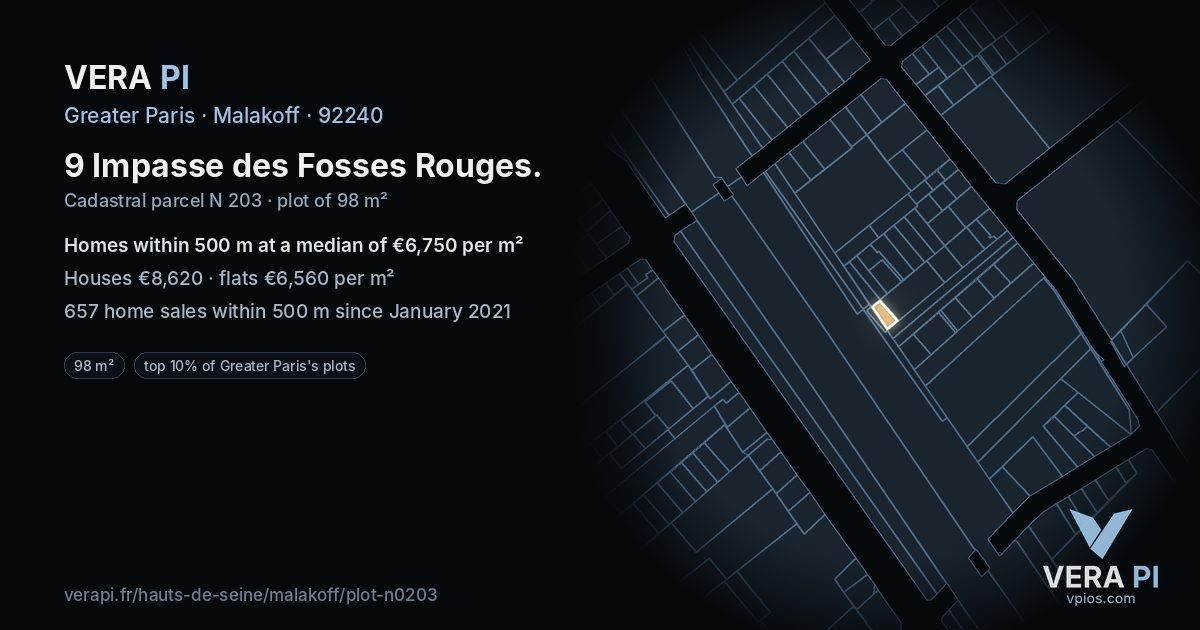 9 Impasse des Fosses Rouges, Malakoff at night – the plot lit, the parcels around coloured by the prices near them