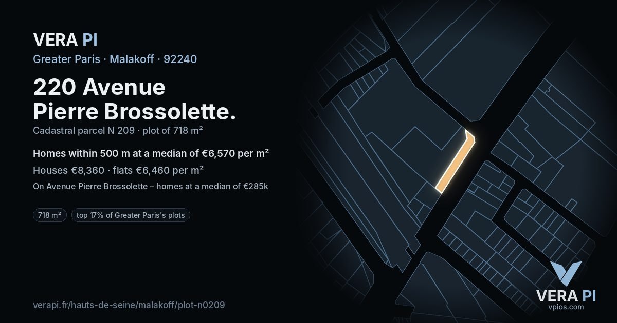 220 Avenue Pierre Brossolette, Malakoff at night – the plot lit, the parcels around coloured by the prices near them